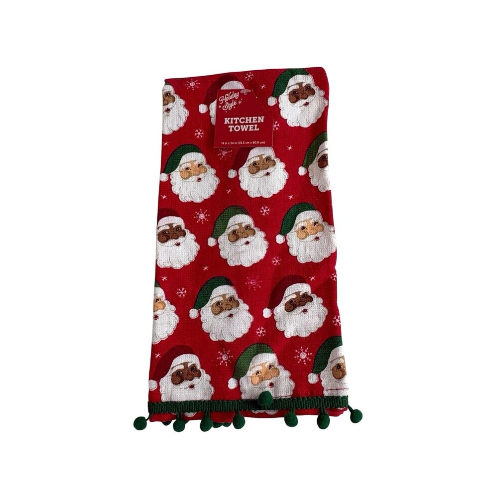 Christmas Santa Clause Kitchen Red Towel With Green Pom Poms Snowflake Diverse